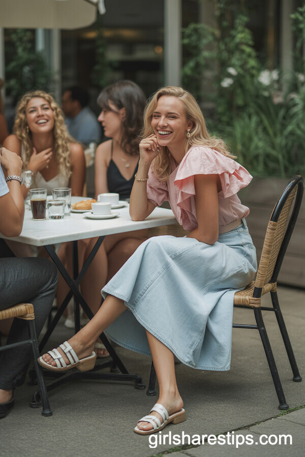 Ruffled Pink Blouse and Light-Wash Denim Skirt With White Sandals