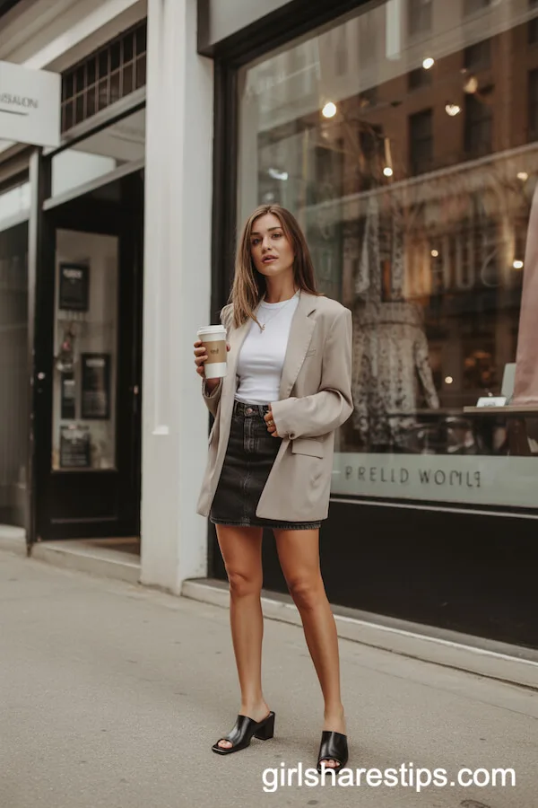 Fitted White T-Shirt, Oversized Beige Blazer, Dark Denim Mini Skirt With Mules