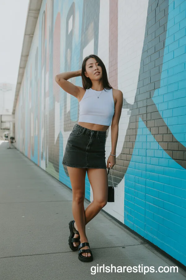 Cropped White Tank Top and Black Denim Skirt With Chunky Sandals
