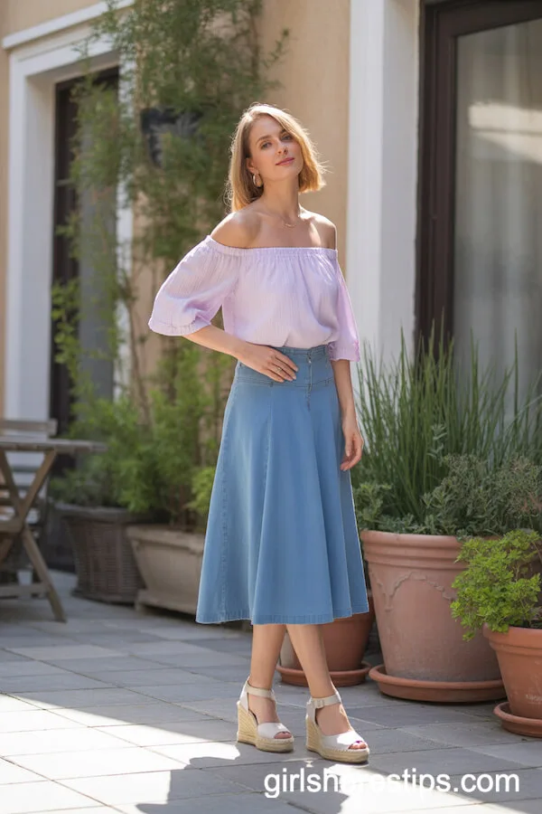 Pastel Off-the-Shoulder Blouse and Mid-Length Denim Skirt With Espadrilles