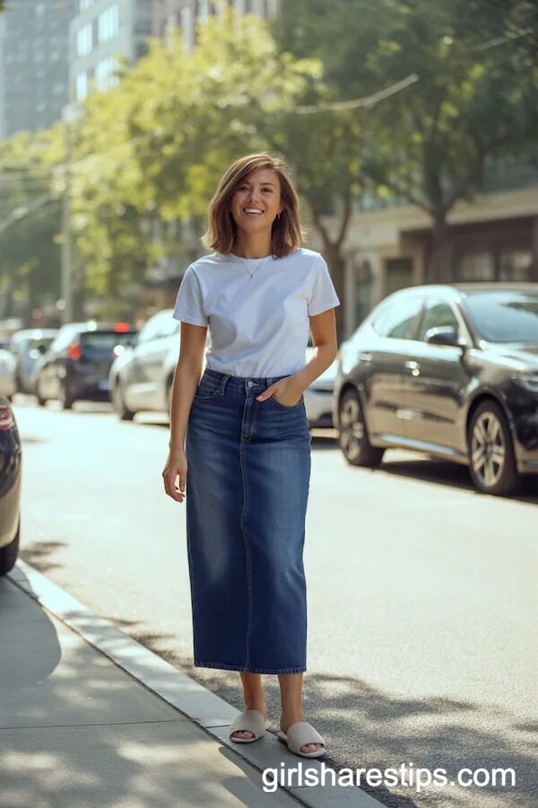 Classic White T-Shirt With Maxi Dark-Wash Denim Pencil Skirt and Slippers
