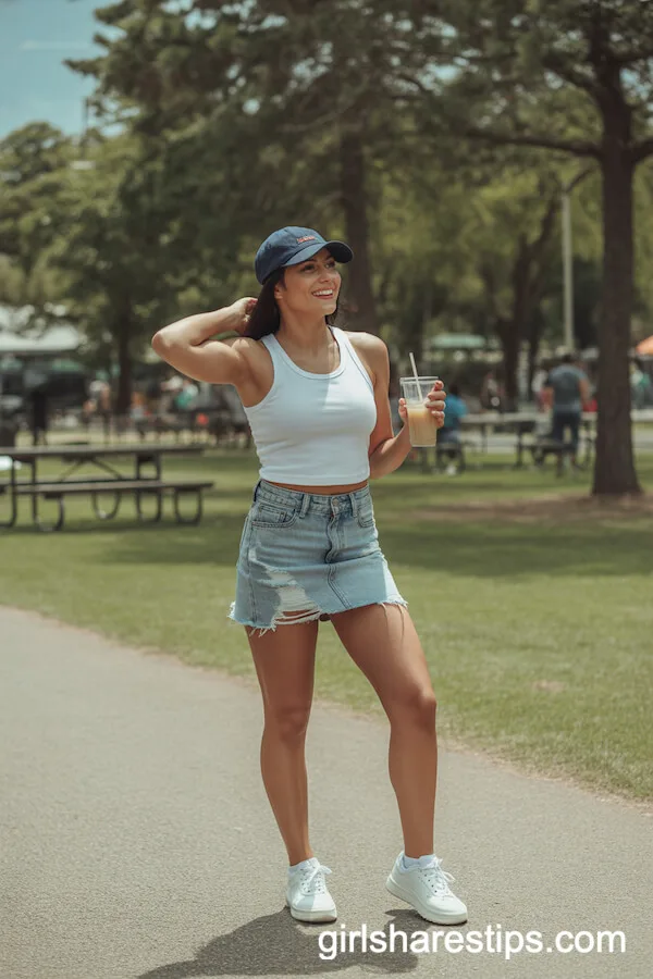 Fitted White Tank and Distressed Denim Mini Skirt With White Sneakers