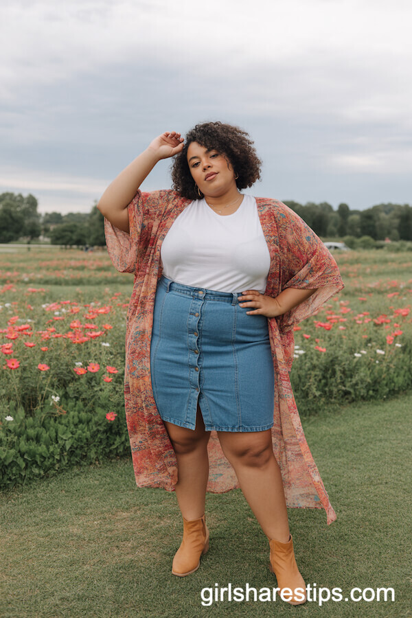 Patterned Flowy Kimono With White Tee and Button-Front Denim Skirt
