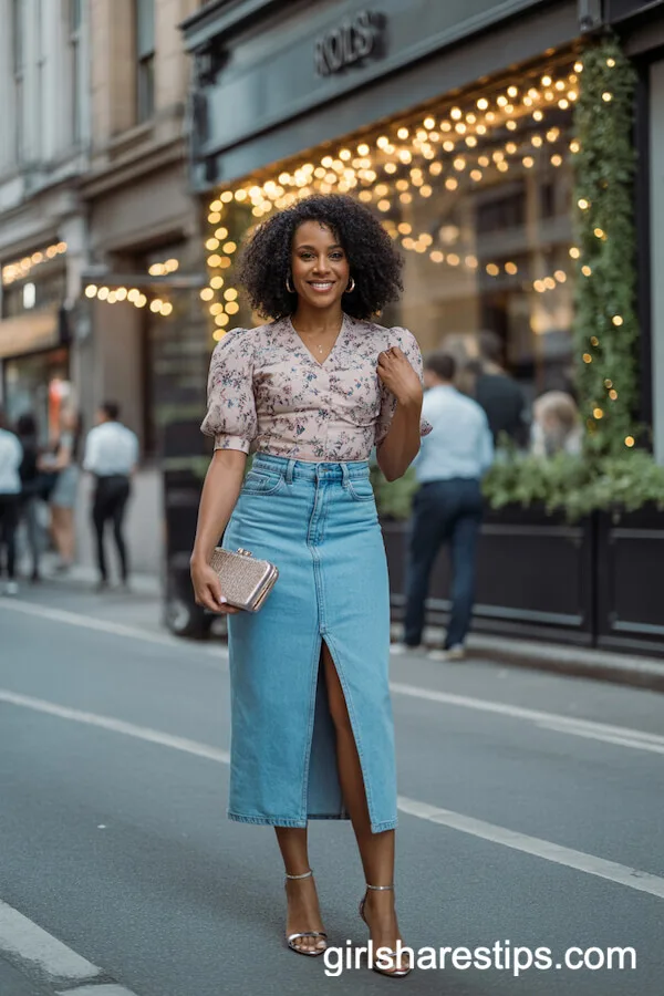 Fitted Floral Blouse and High-Slit Denim Midi Skirt With Strappy Heels