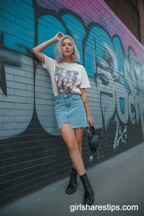 Vintage Band Tee and Raw-Hem Denim Skirt With Combat Boots