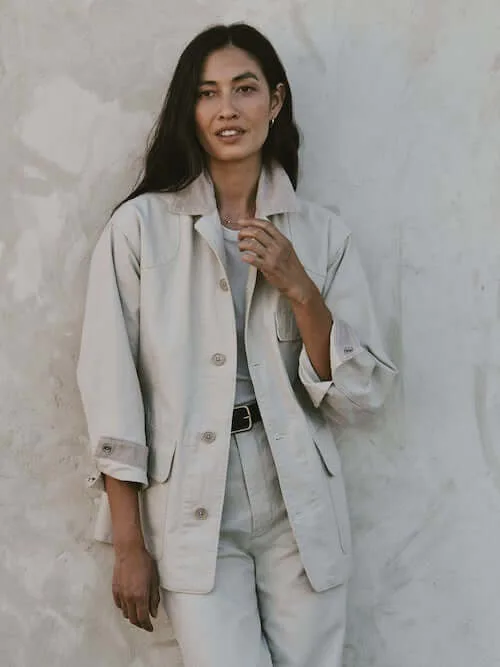 woman wearing canvas work jacket for the desert adventure