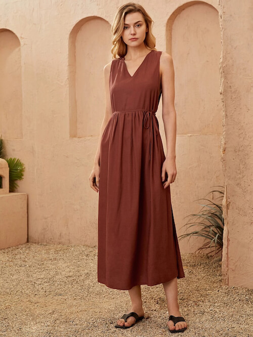 woman wearing an earth tone tank dress