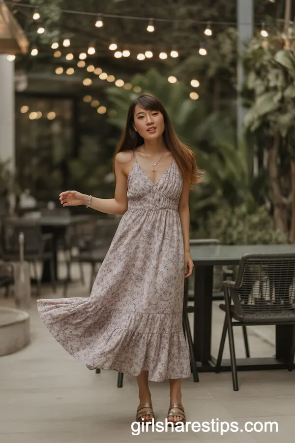 Floral Maxi Dress with Ruffles and Sandals