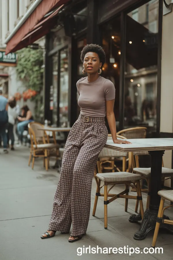 Patterned Wide-Leg Trousers with Fitted Top