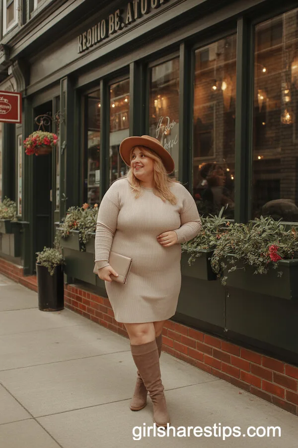 Knit Sweater Dress with Knee-High Boots and Hat