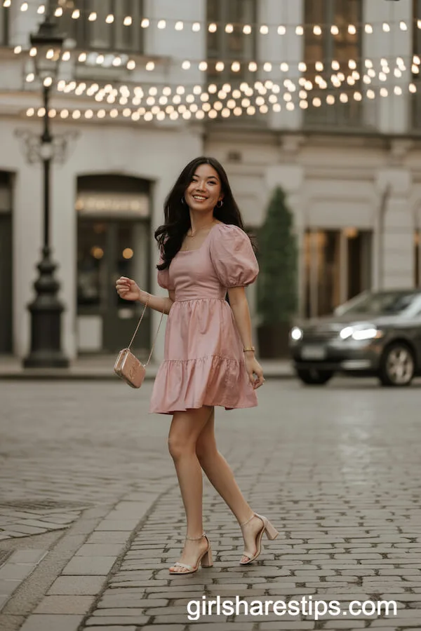 Pink Puff-Sleeve Mini Dress Nude Sandals