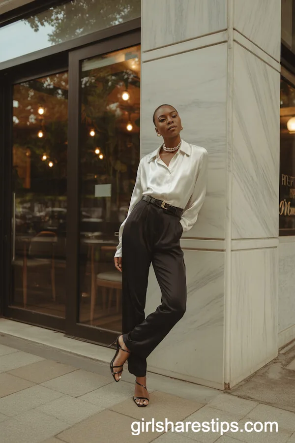 Black Trousers with White Silk Blouse