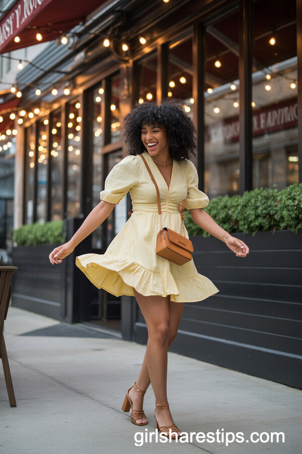 Yellow Ruffle Mini Dress Strappy Heels
