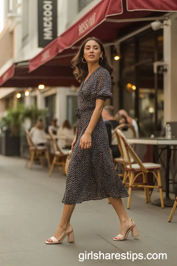 Polka Dot Wrap Midi Dress Nude Block Heels