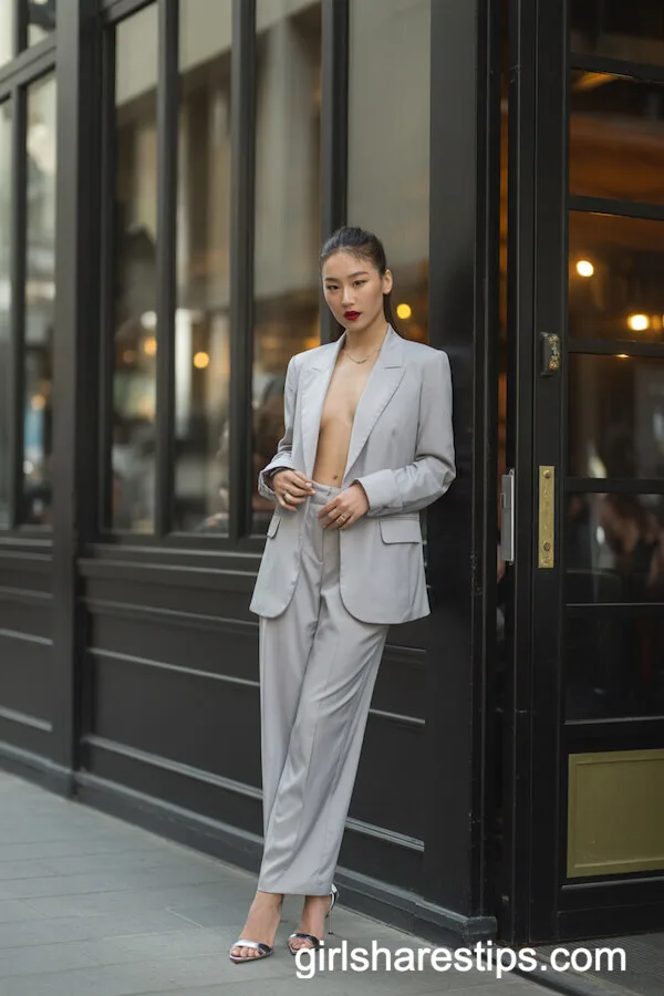 Light Gray Tailored Pantsuit with Bold Lipstick