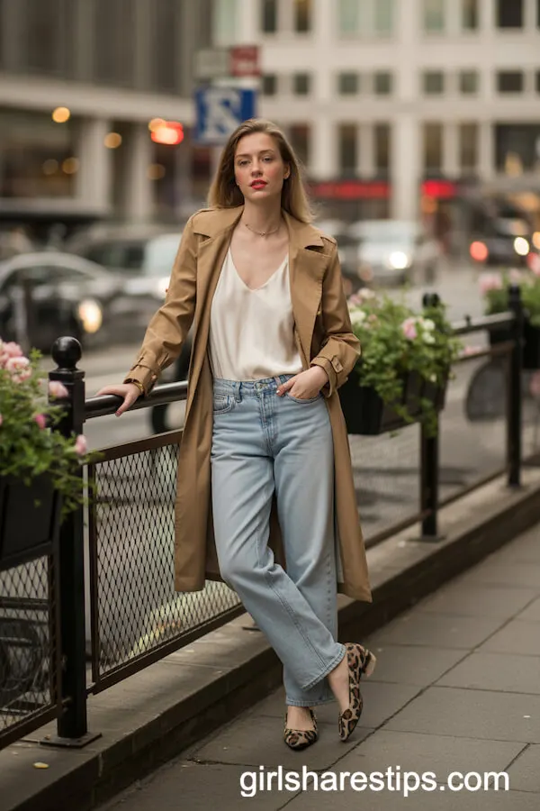 Straight-Leg Jeans with Silk Cami and Trench Coat