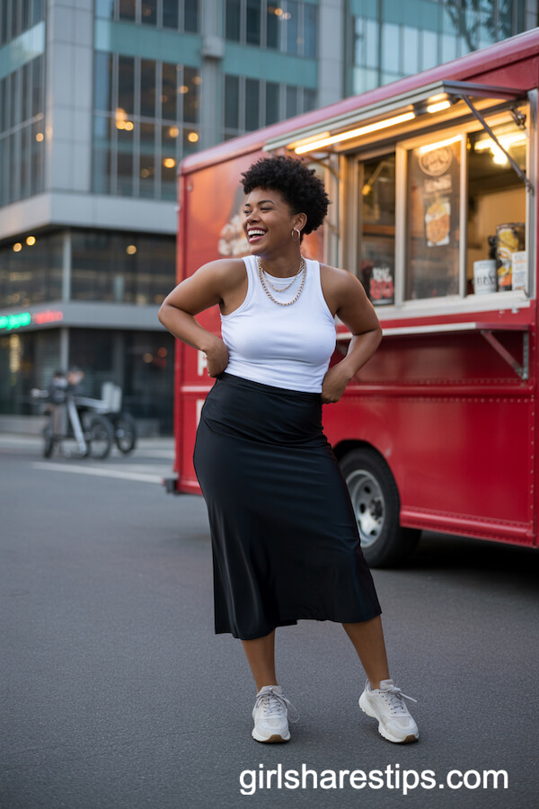 Black Midi Slip Skirt with White Tank Top