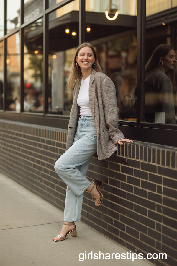High-Waist Jeans and Plaid Blazer Ensemble