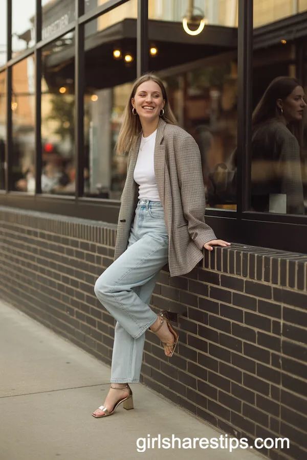 High-Waist Jeans and Plaid Blazer Ensemble