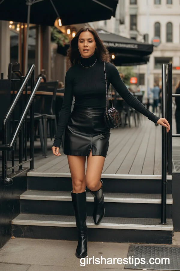 All-Black Leather Mini Skirt and Turtleneck Look