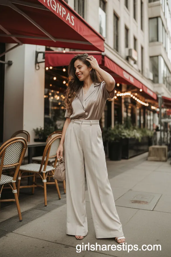 Cream Wide-Leg Trousers with Satin Blouse