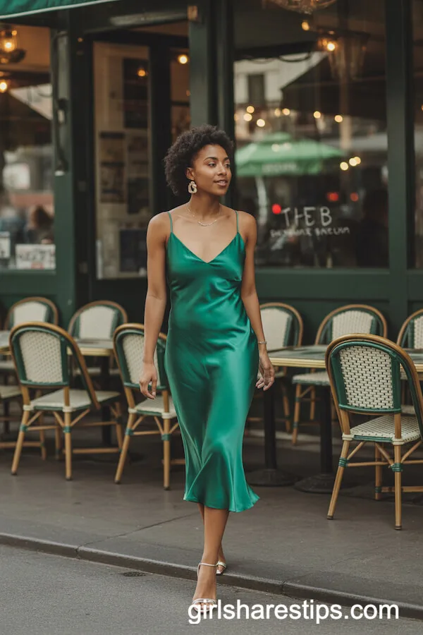 Emerald Green Midi Slip Dress Statement Earrings