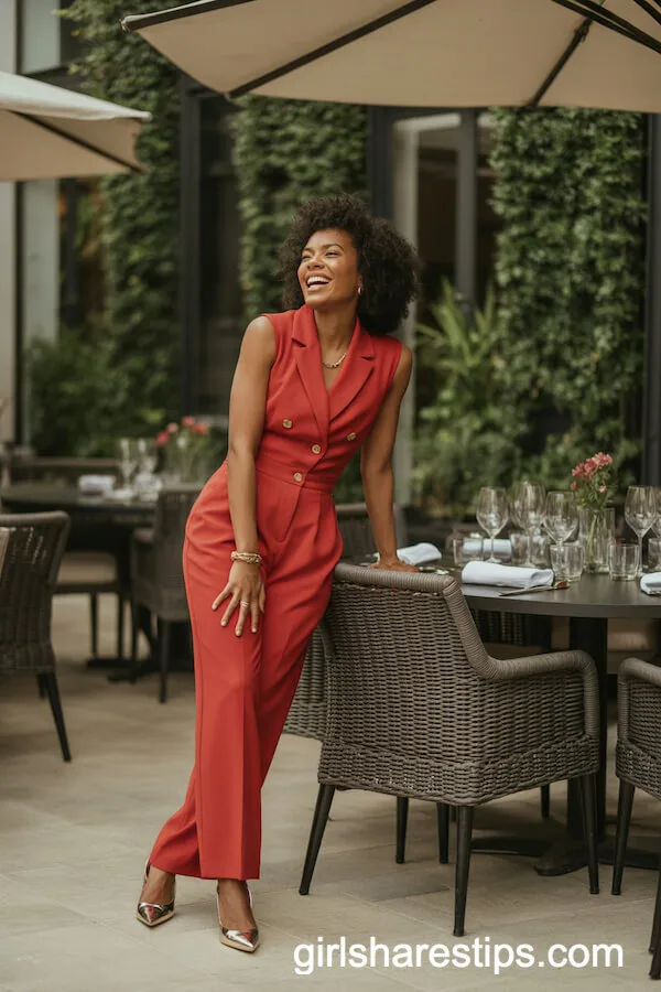 Tailored Red Jumpsuit with Gold Accessories