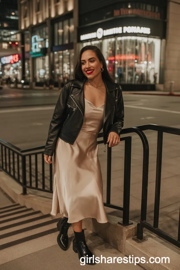 Leather Jacket over Satin Cami and Midi Skirt