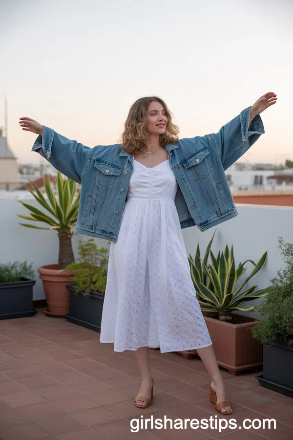 White Eyelet Midi Dress Oversized Denim Jacket