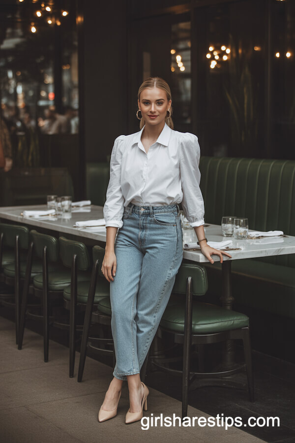 Crisp White Blouse with High-Waisted Jeans and Nude Heels