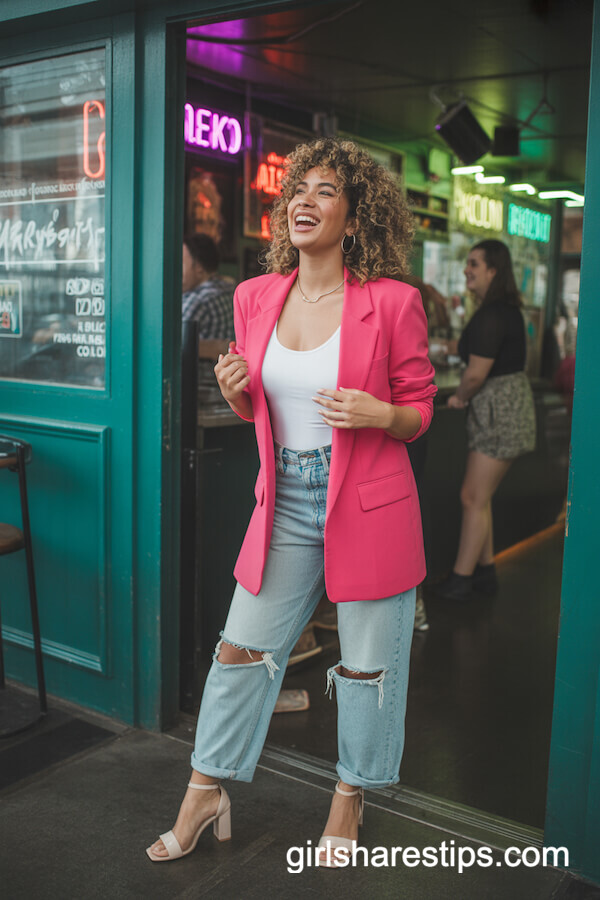 Bright Statement Blazer with Basic Bodysuit and Ripped Jeans