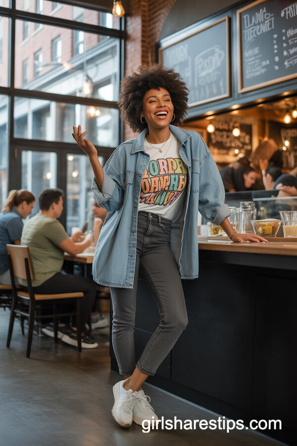 Fun Graphic Tee with Oversized Denim Jacket and Slim Jeans