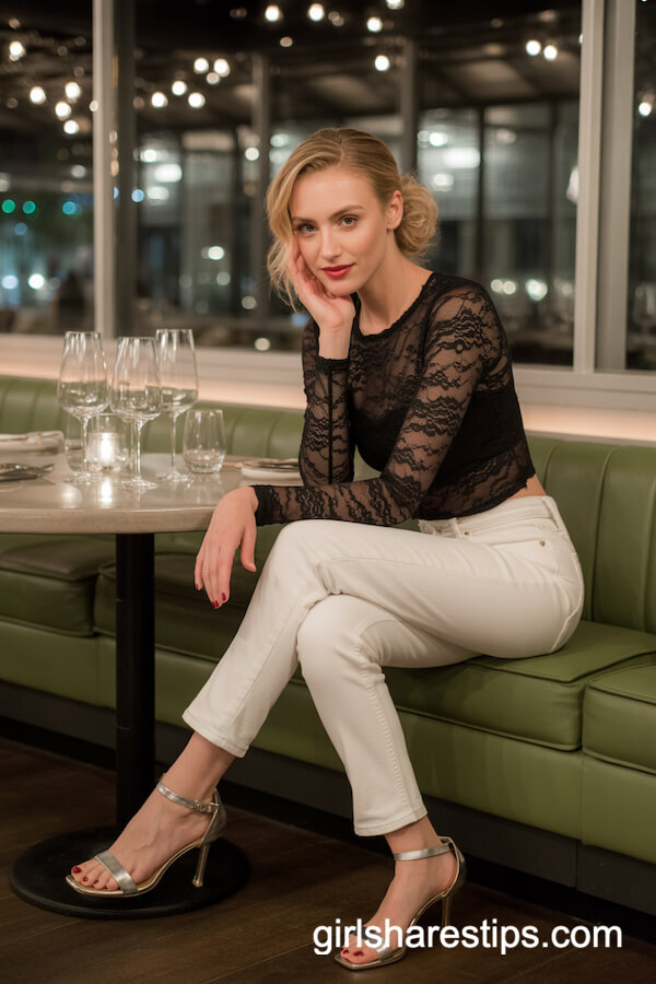 Black Lace Top with Fitted White Jeans and Stiletto Sandals