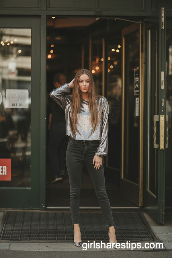 Silver Sequin Top with Fitted Black Jeans and Metallic Heels