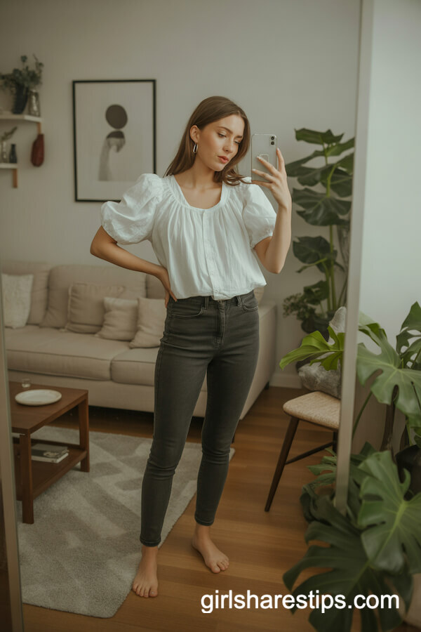 Trendy White Puff Sleeve Blouse with Dark Skinny Jeans