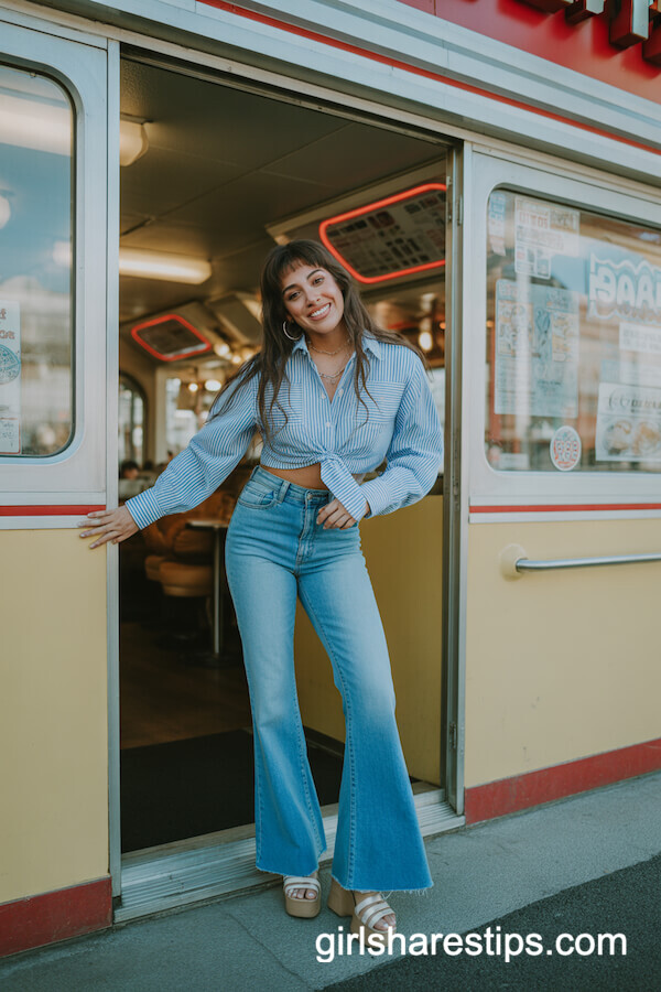 Striped Button-Down with High-Rise Flare Jeans