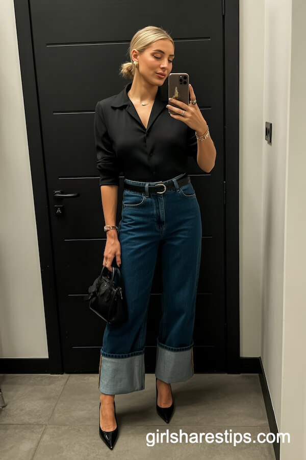 Fitted Black Blouse with Rolled-Up Jeans and Pointed Heels