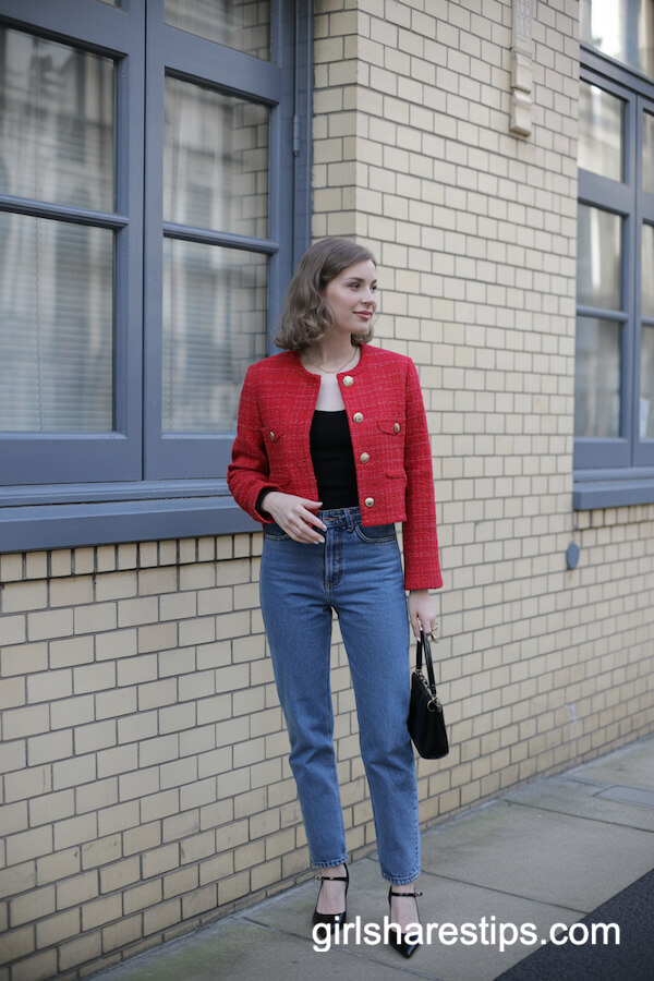 Red Cropped Tweed Jacket with Straight-Leg Jeans