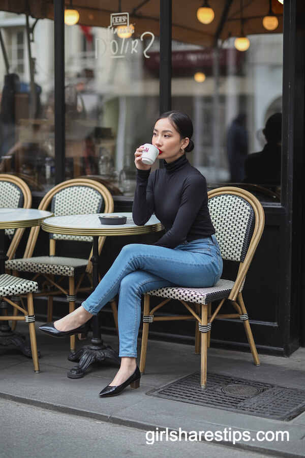 Sleek Black Turtleneck and Skinny Jeans with Ballet Flats