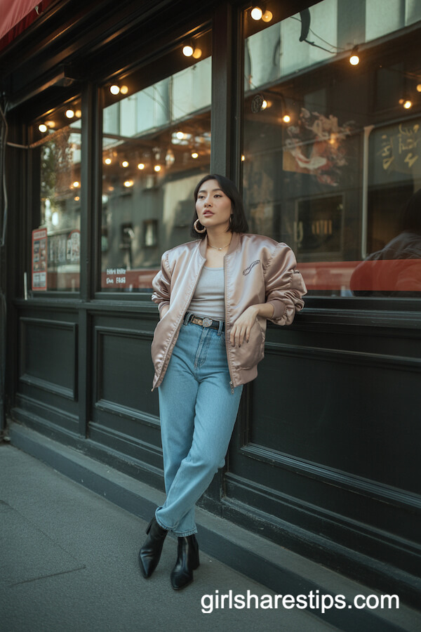 Satin Bomber Jacket with Basic Tank and Mid-Rise Jeans