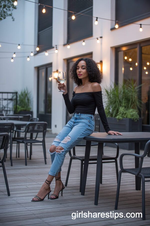 Trendy Off-Shoulder Top with Ripped Skinny Jeans