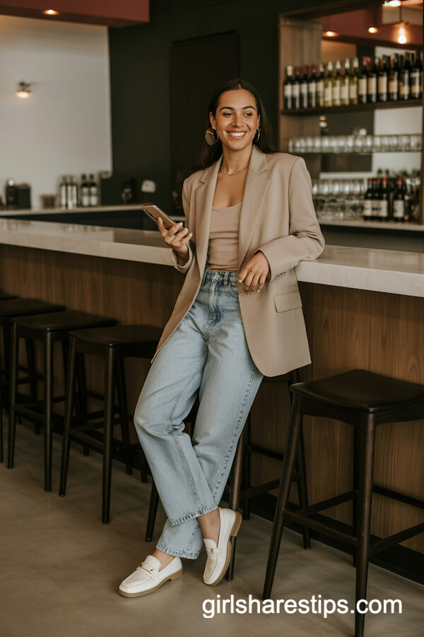 Beige Fitted Blazer with Camisole and Straight-Leg Jeans