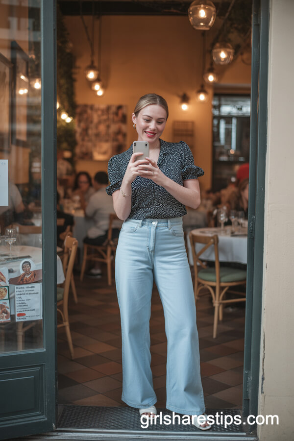 Polka Dot Blouse with Light Blue Wide-Leg Jeans
