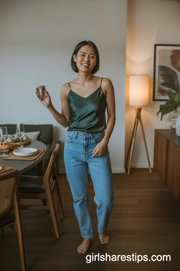 Silky Emerald Green Cami with Classic Blue Jeans