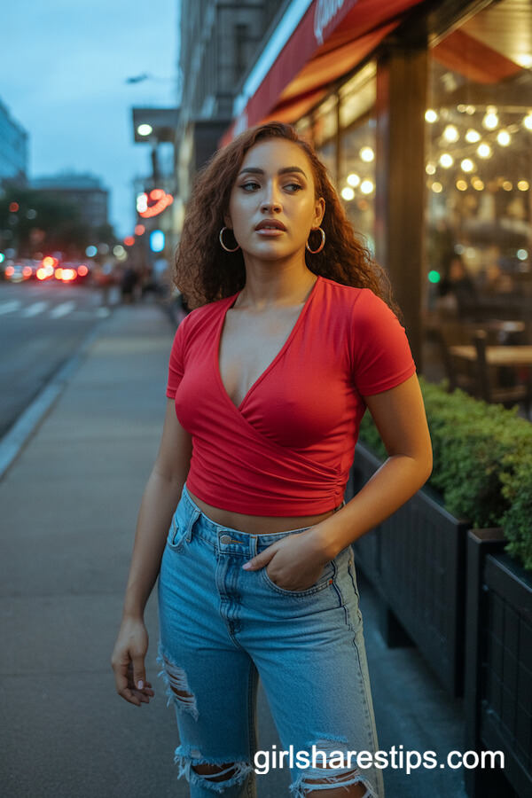 Red Wrap Top with Distressed Skinny Jeans