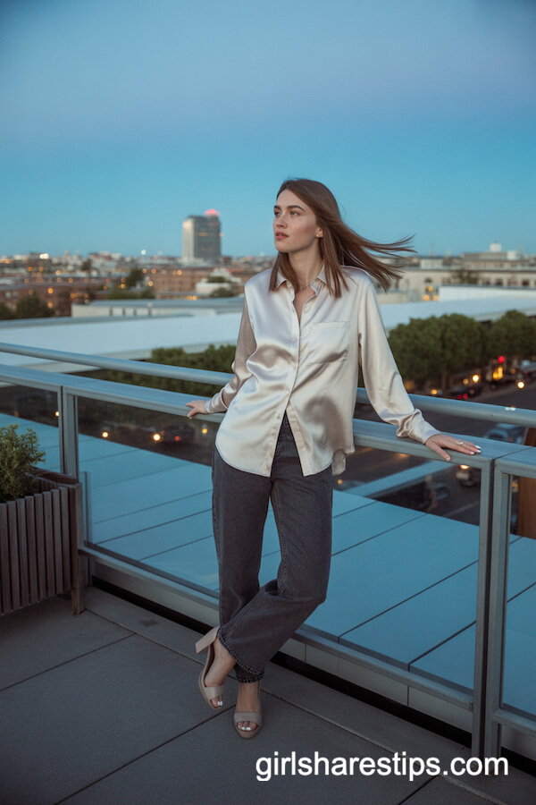 Satin Ivory Button-Down Shirt with Dark-Wash Jeans
