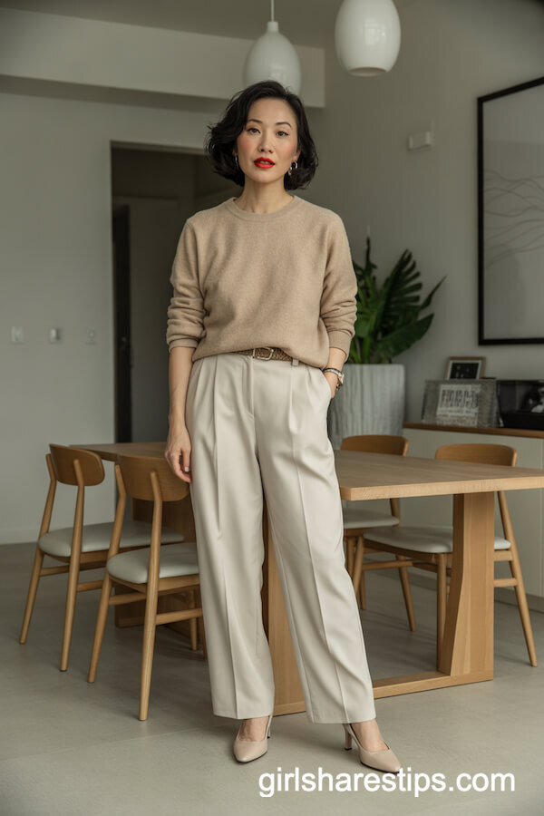 Beige Tailored Trousers with Camel Sweater