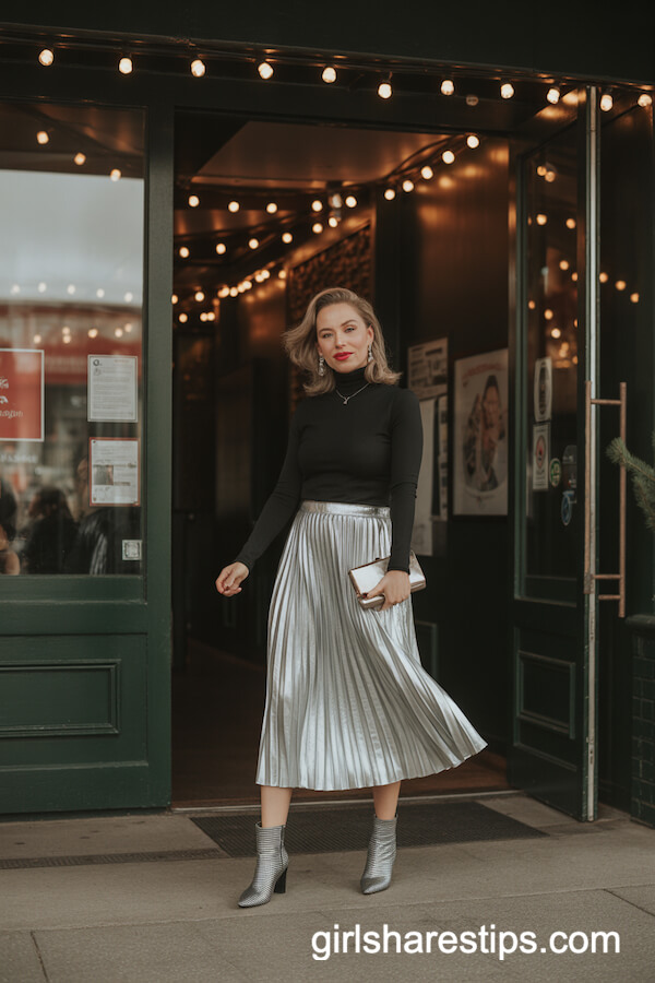 Metallic Silver Pleated Skirt with Turtleneck
