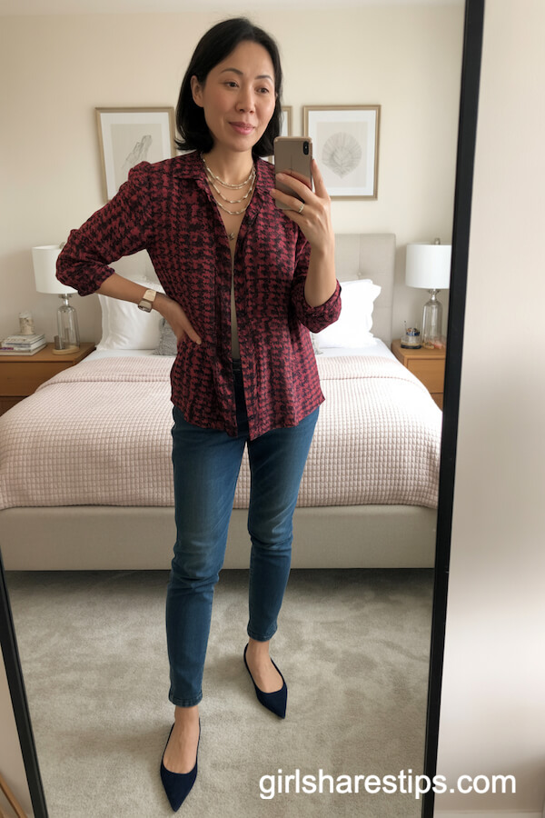 Bold Patterned Blouse with Skinny Jeans