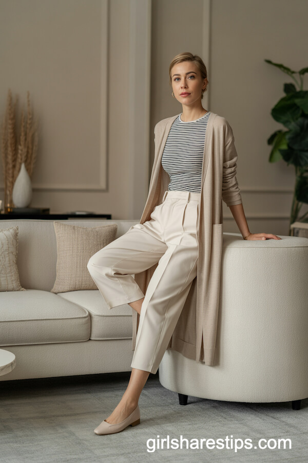 Long Beige Cardigan with Cropped Pants